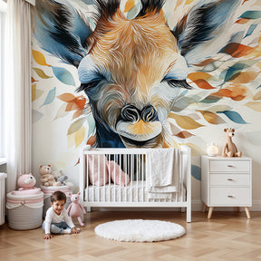 Giraffe portrait mural wallpaper with colorful leaves in modern nursery room by Kids-Mundo