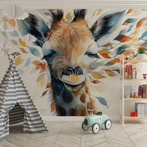 Animal mural wallpaper featuring smiling giraffe in bright children's playroom setting