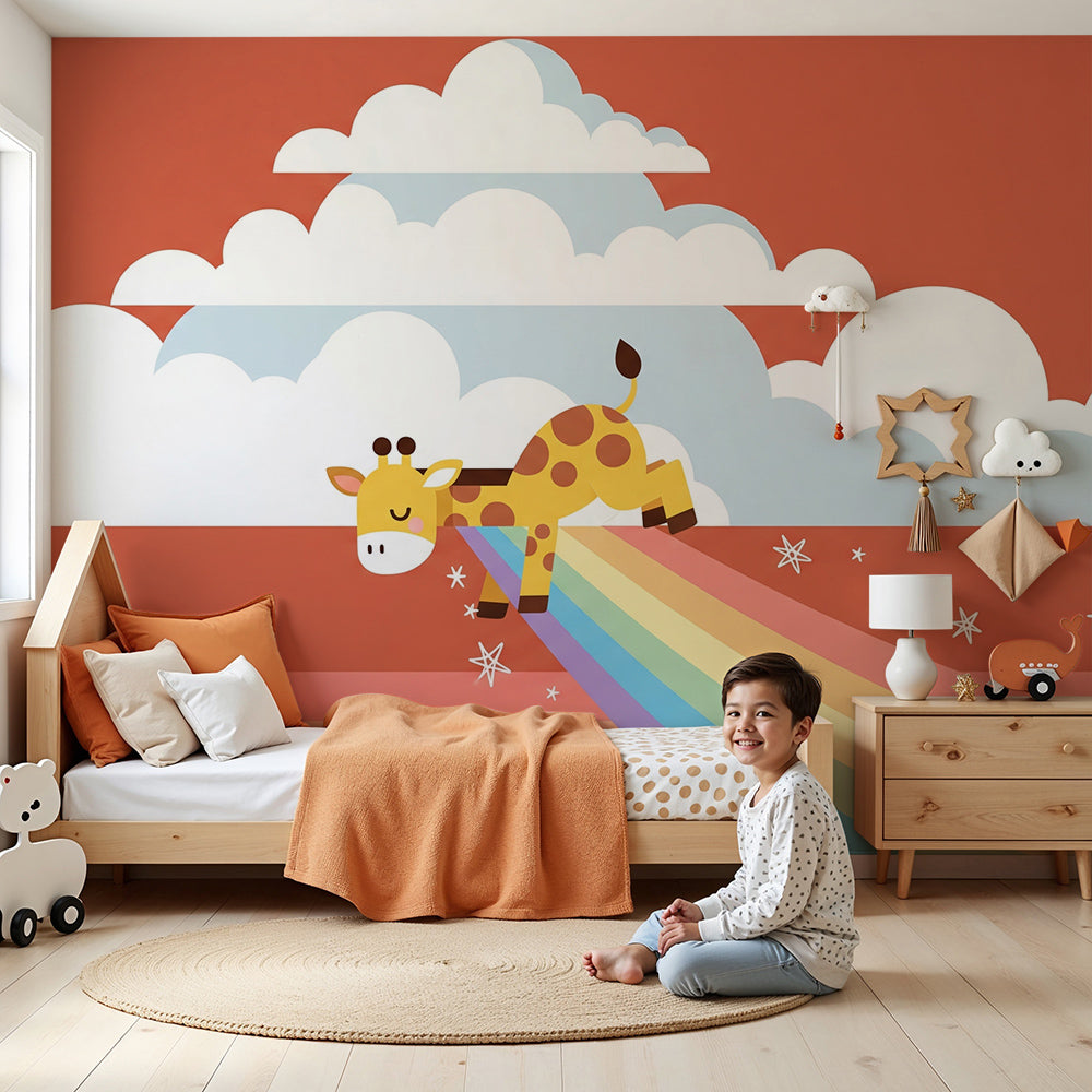 Kids-Mundo rainbow wall mural with playful giraffe and clouds shown in a baby's nursery room