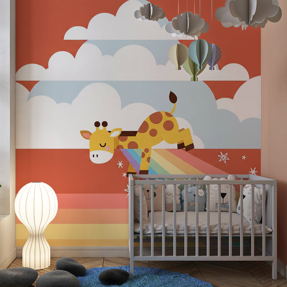 Kids-Mundo rainbow wall mural with giraffe and clouds brightening a colourful children's playroom