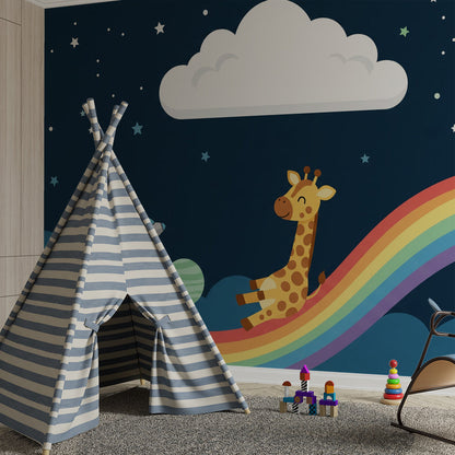 Kids-Mundo space wall mural featuring giraffe, rocket and planets in a child's bedroom wall