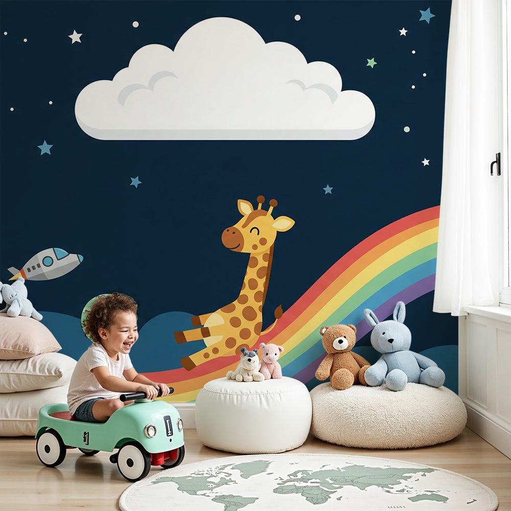 Kids-Mundo space wall mural with giraffe riding a rainbow past stars shown in a nursery room