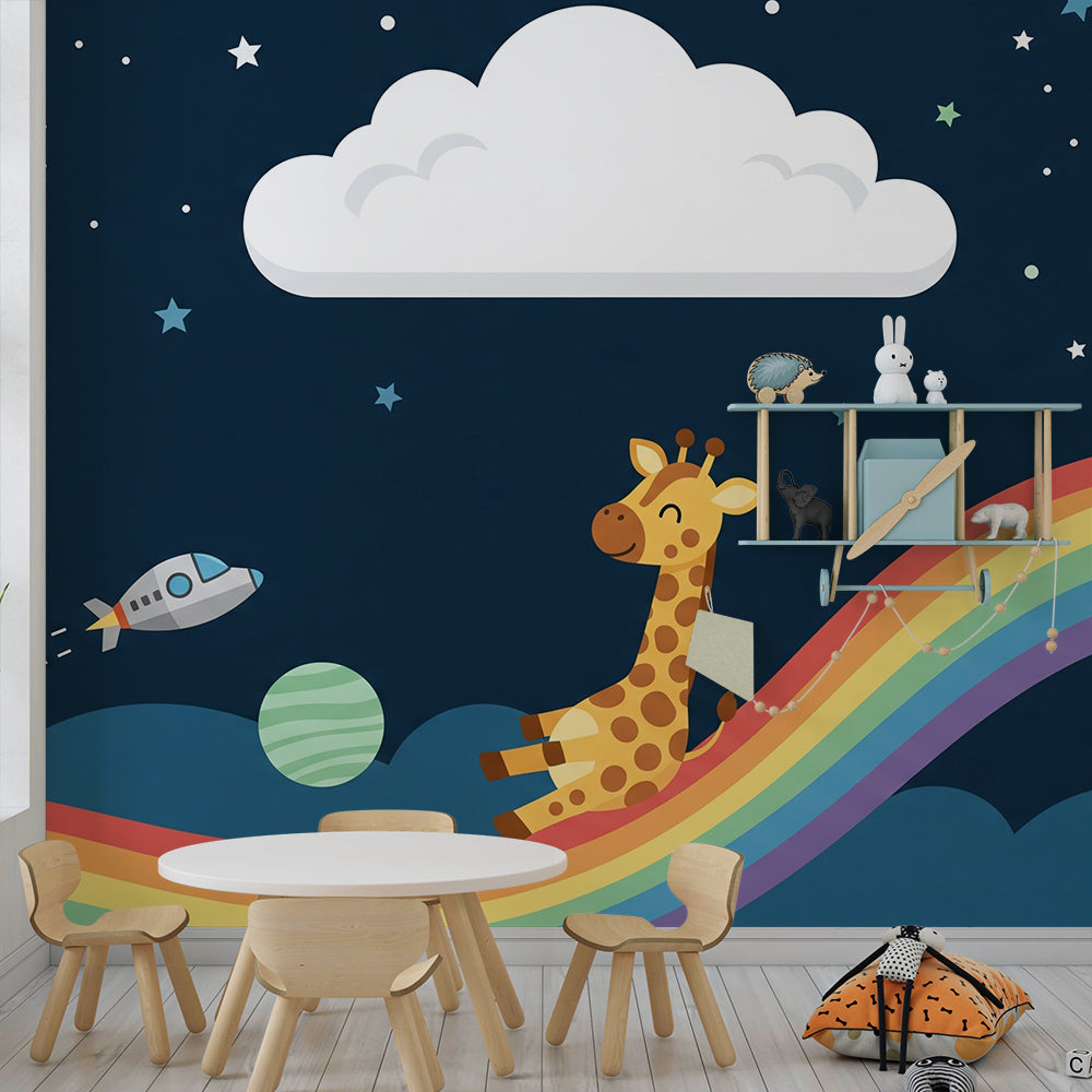Kids-Mundo space wall mural with rainbow and starry sky brightening a children's playroom