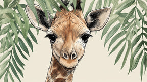 Detailed giraffe with foliage mural wallpaper design pattern showing safari animal artwork by Kids-Mundo