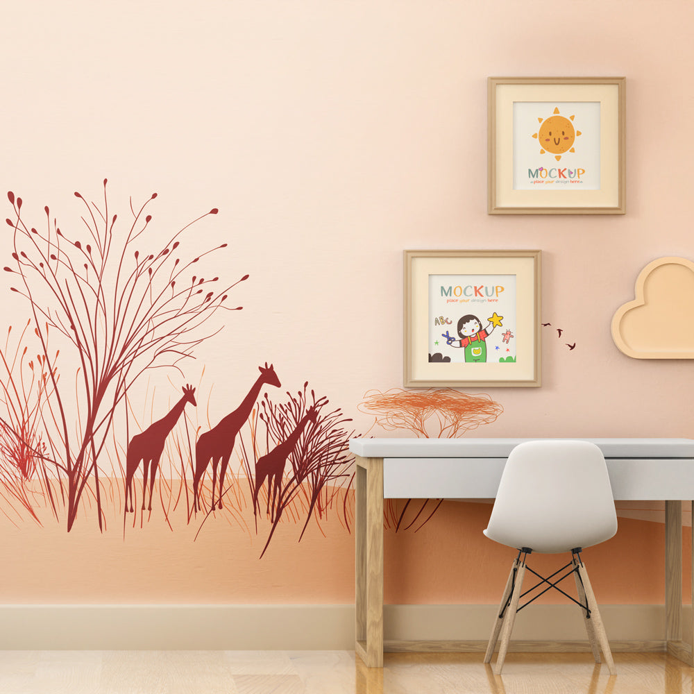 Safari animal wallpaper featuring giraffes in warm earth tones for children's bedroom decor