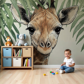 Giraffe safari mural wallpaper in modern nursery room with natural wood furniture by Kids-Mundo