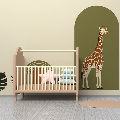 Kids-Mundo sage green giraffe arch mural on a feature wall in a bright kids bedroom