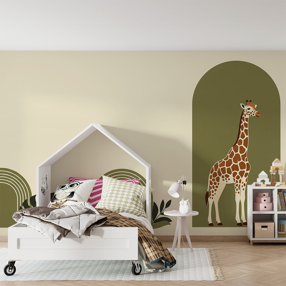 Kids-Mundo botanical giraffe wall mural brightening a playful kids playroom corner