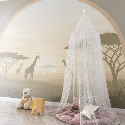 Kids-Mundo safari wall mural bringing a golden savanna scene into a gender-neutral playroom