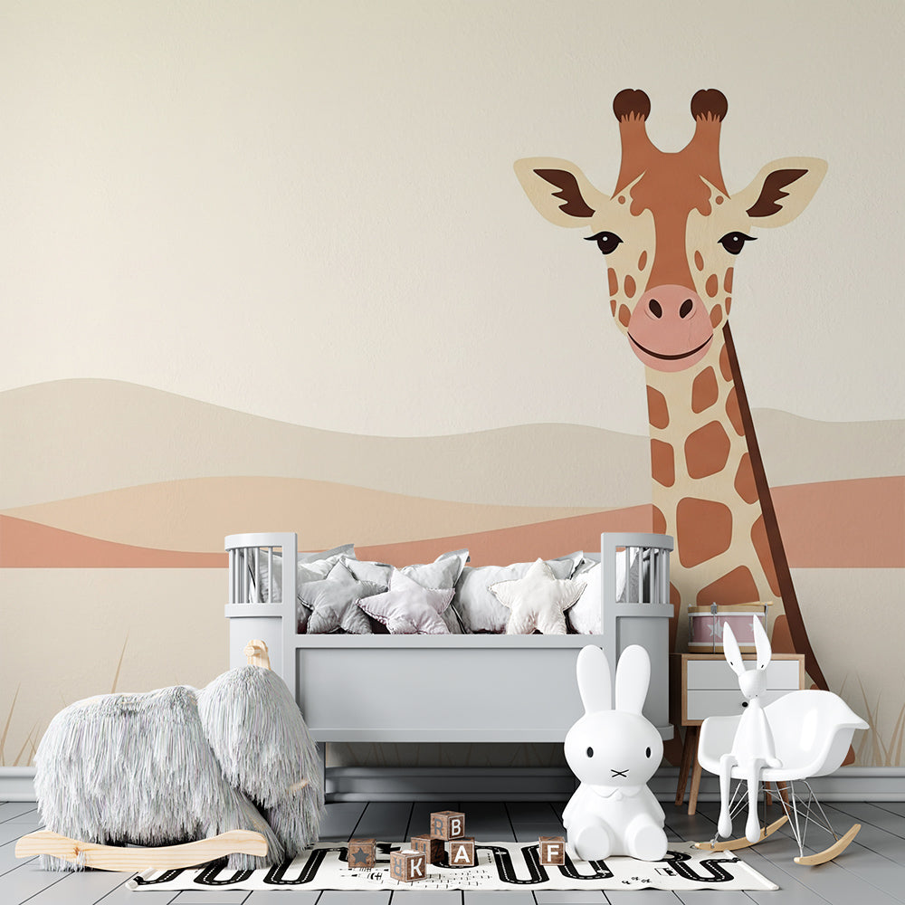Kids-Mundo giraffe savannah wall mural bringing a safari scene to a bright family playroom.