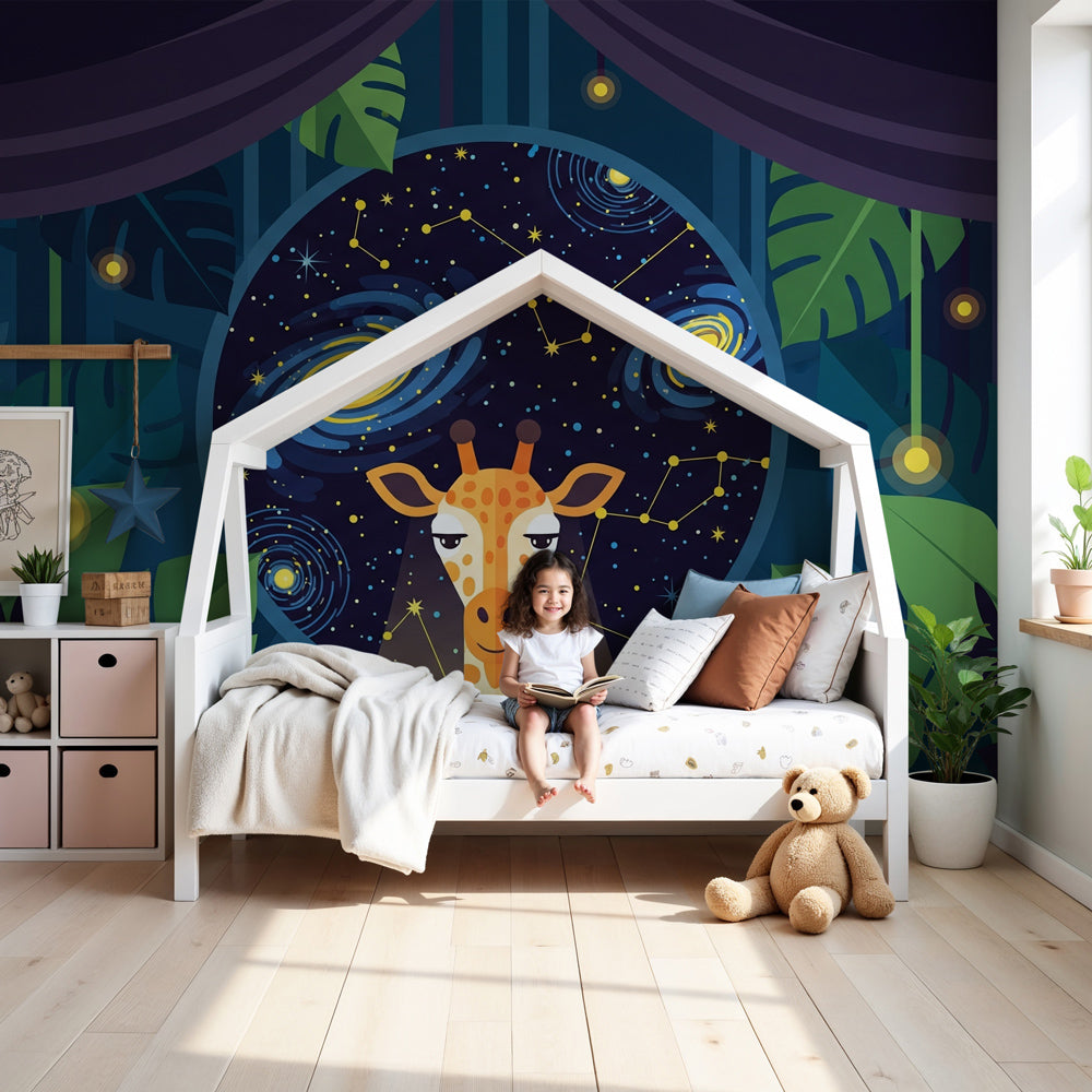 Giraffe space mural wallpaper creating magical nursery decor with celestial theme by Kids-Mundo