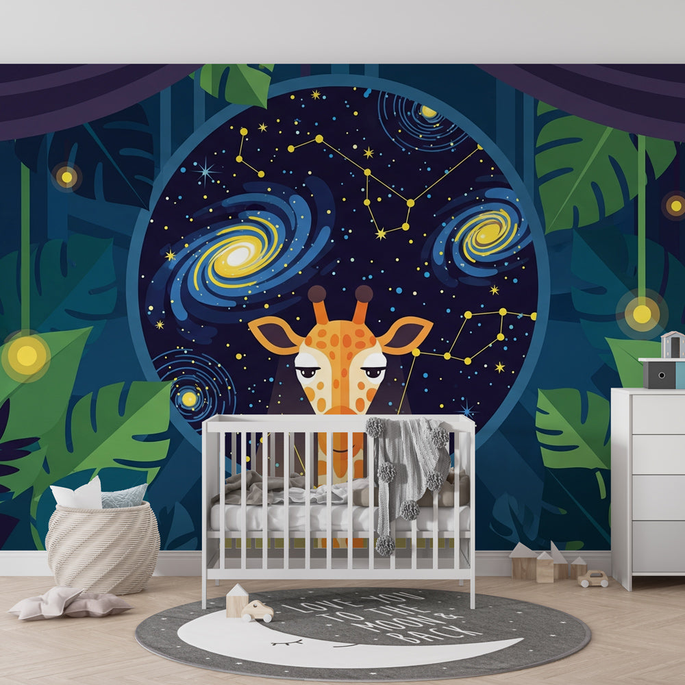 Cosmic giraffe mural wallpaper for kids playroom featuring tropical and space elements