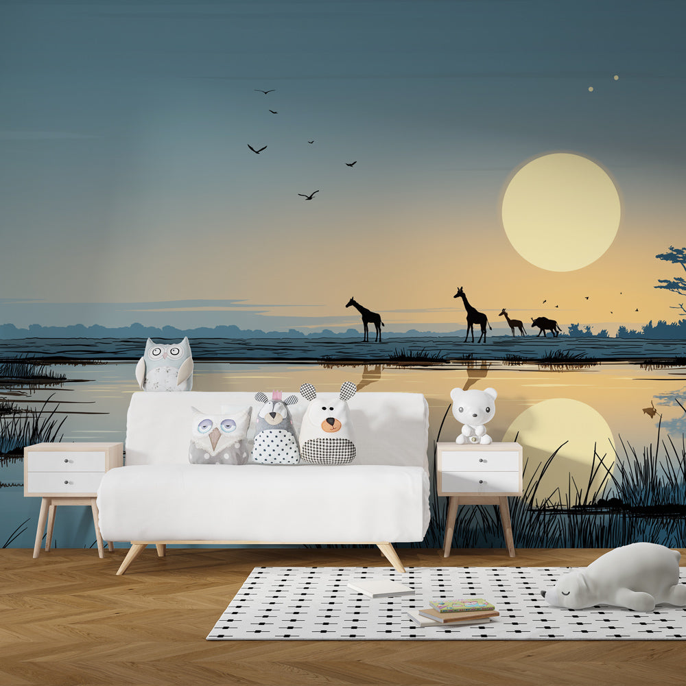 Safari savanna mural wallpaper with giraffes in modern kids bedroom by Kids-Mundo