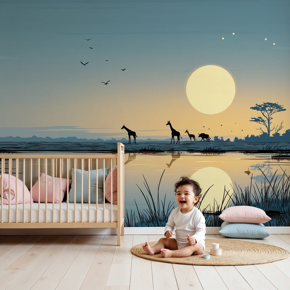 Giraffe sunset mural wallpaper creating peaceful safari nursery decor by Kids-Mundo