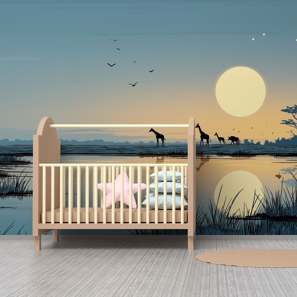 African safari giraffe wallpaper transforming children's playroom with sunset scene
