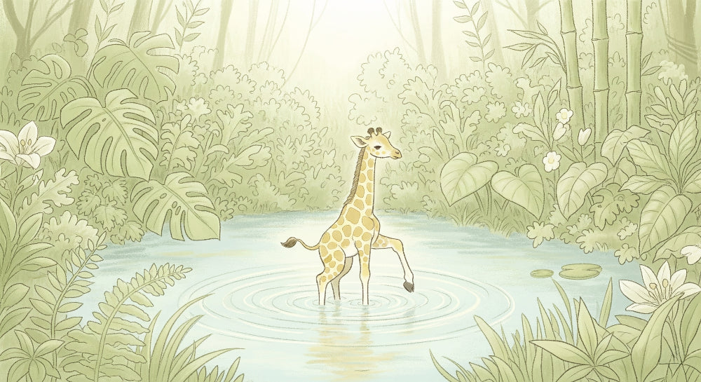 Detailed tropical giraffe mural wallpaper design pattern with botanical elements by Kids-Mundo
