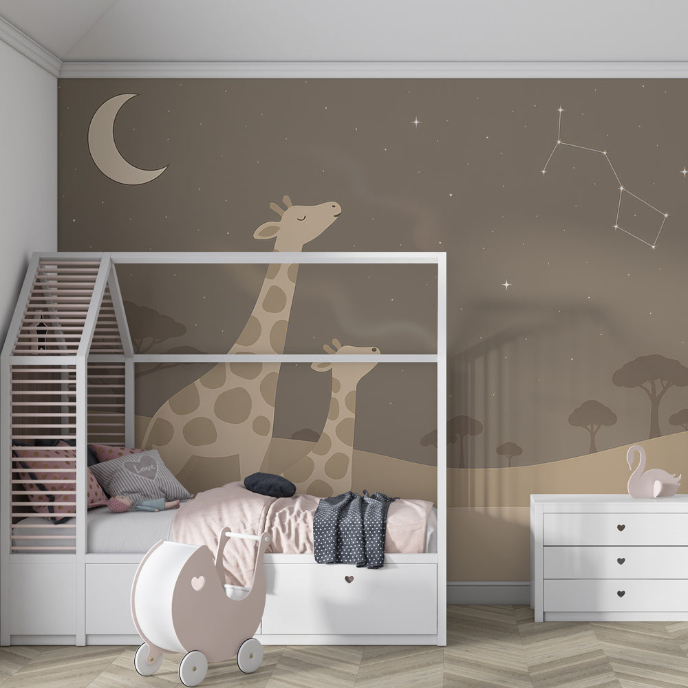 Kids-Mundo starry night giraffe wall mural above a bed in a child's bedroom