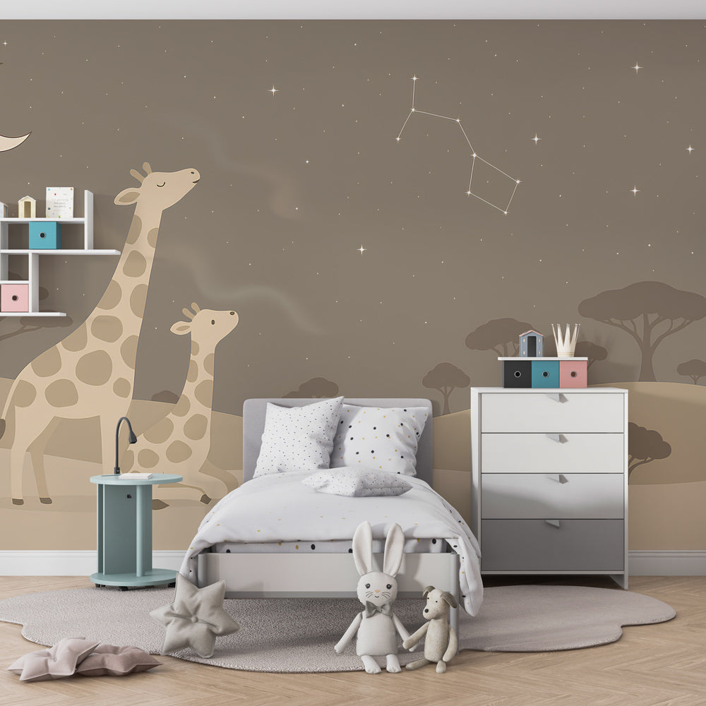 Kids-Mundo starry night giraffe wall mural setting a gentle mood in a playroom corner