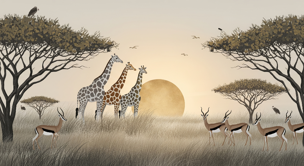 Giraffes at Sunset Over the Savanna Wall Mural