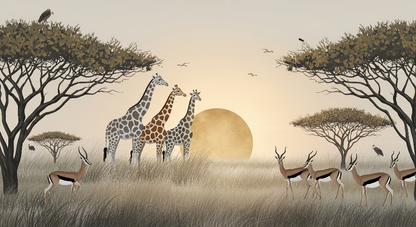 Kids-Mundo flat artwork of the giraffe sunset savanna wall mural design
