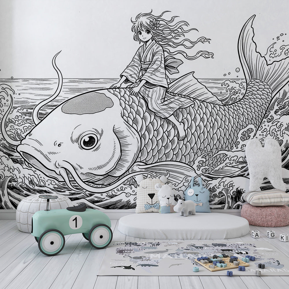 Kids-Mundo girl riding a giant fish mural covering a feature wall in a child's bedroom