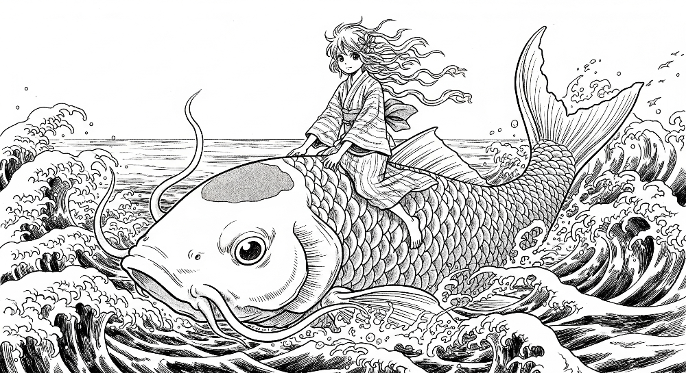 Girl Riding a Giant Fish Through Ocean Waves Wall Mural