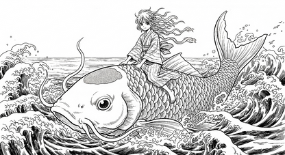 Kids-Mundo flat artwork of a girl riding a giant fish through dramatic black and white ocean waves
