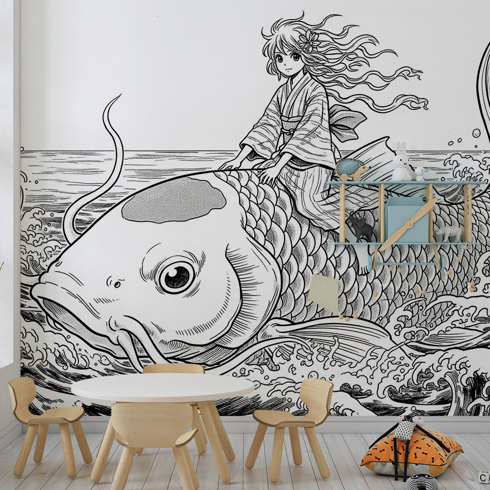 Kids-Mundo girl and giant fish wave wall mural bringing an adventure scene to a playroom