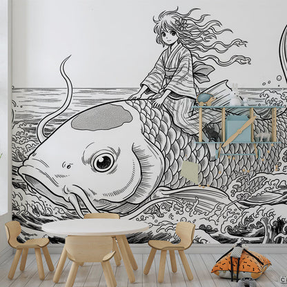 Kids-Mundo girl and giant fish wave wall mural bringing an adventure scene to a playroom