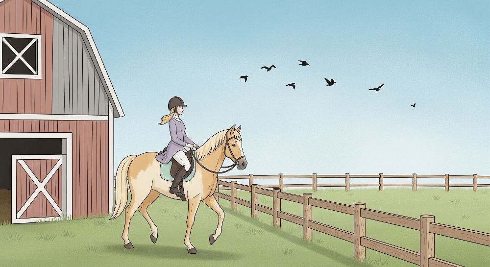 Girl Riding a Golden Horse Past a Red Barn Wall Mural