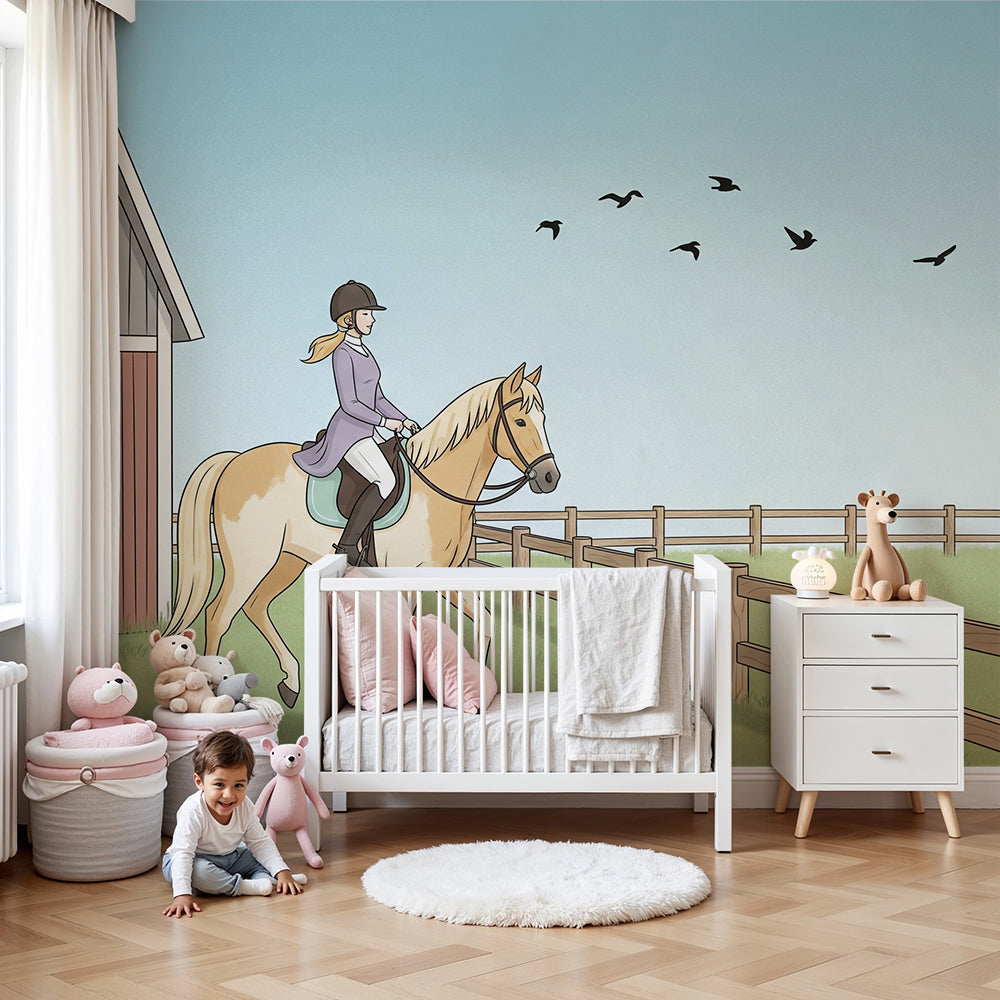 Kids-Mundo horse riding wall mural of a girl and golden pony on a nursery feature wall