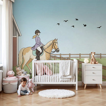 Kids-Mundo horse riding wall mural of a girl and golden pony on a nursery feature wall