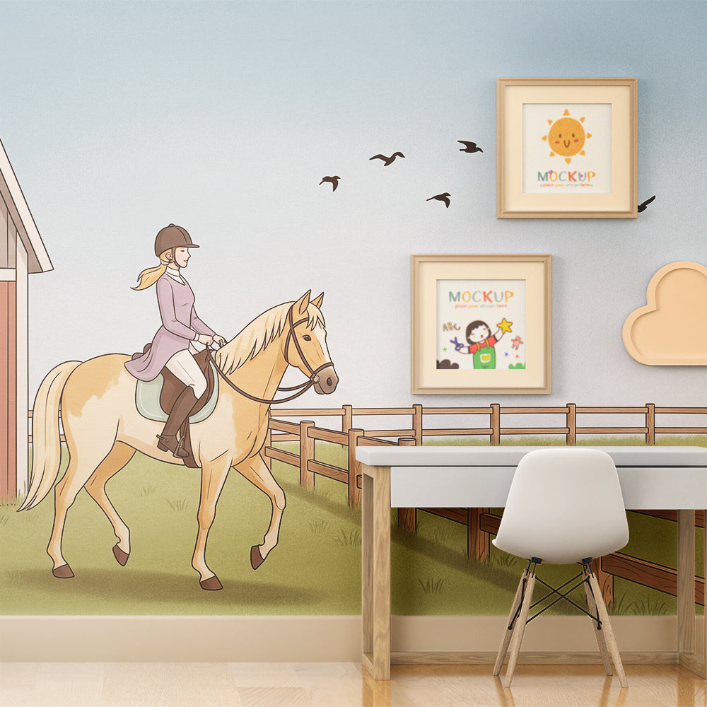Red barn horse wall mural from Kids-Mundo covering a playroom wall with soft daylight