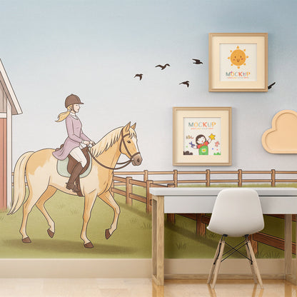 Red barn horse wall mural from Kids-Mundo covering a playroom wall with soft daylight
