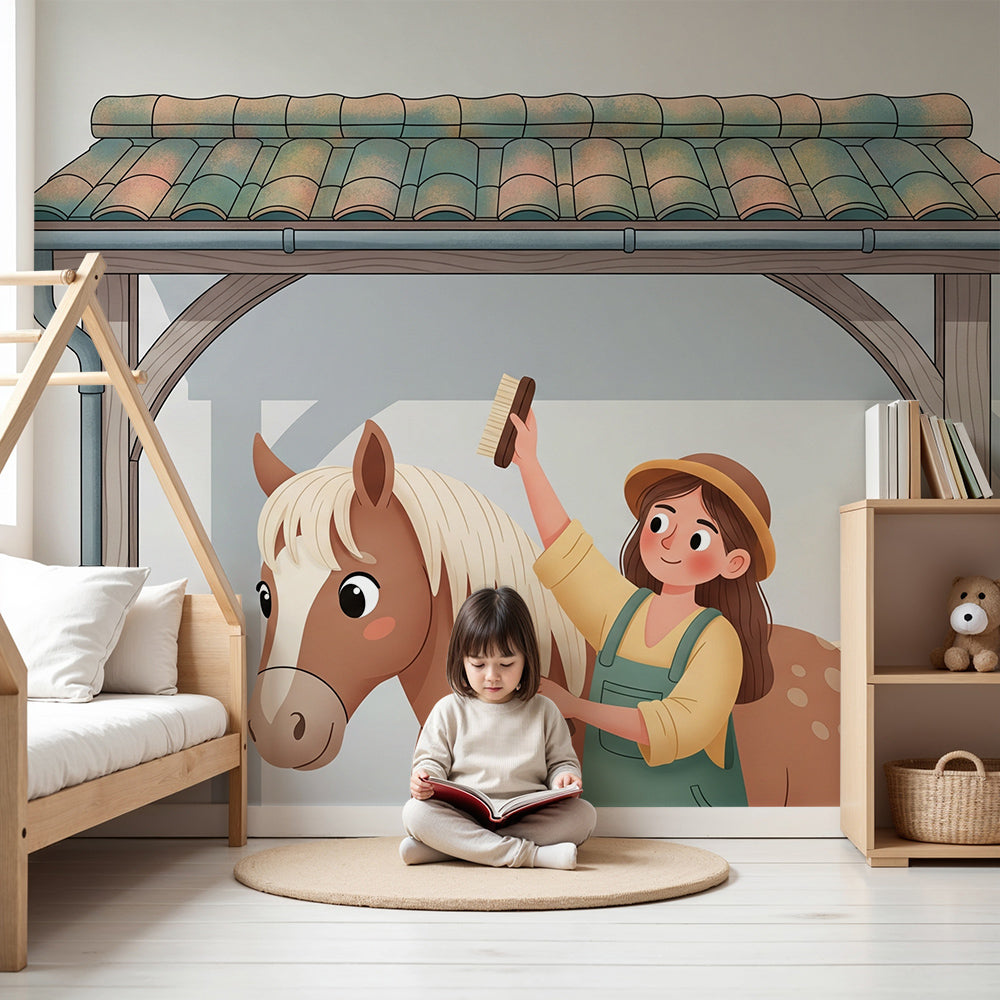 Kids-Mundo girl grooming a pony wall mural styled in a soft, calm nursery