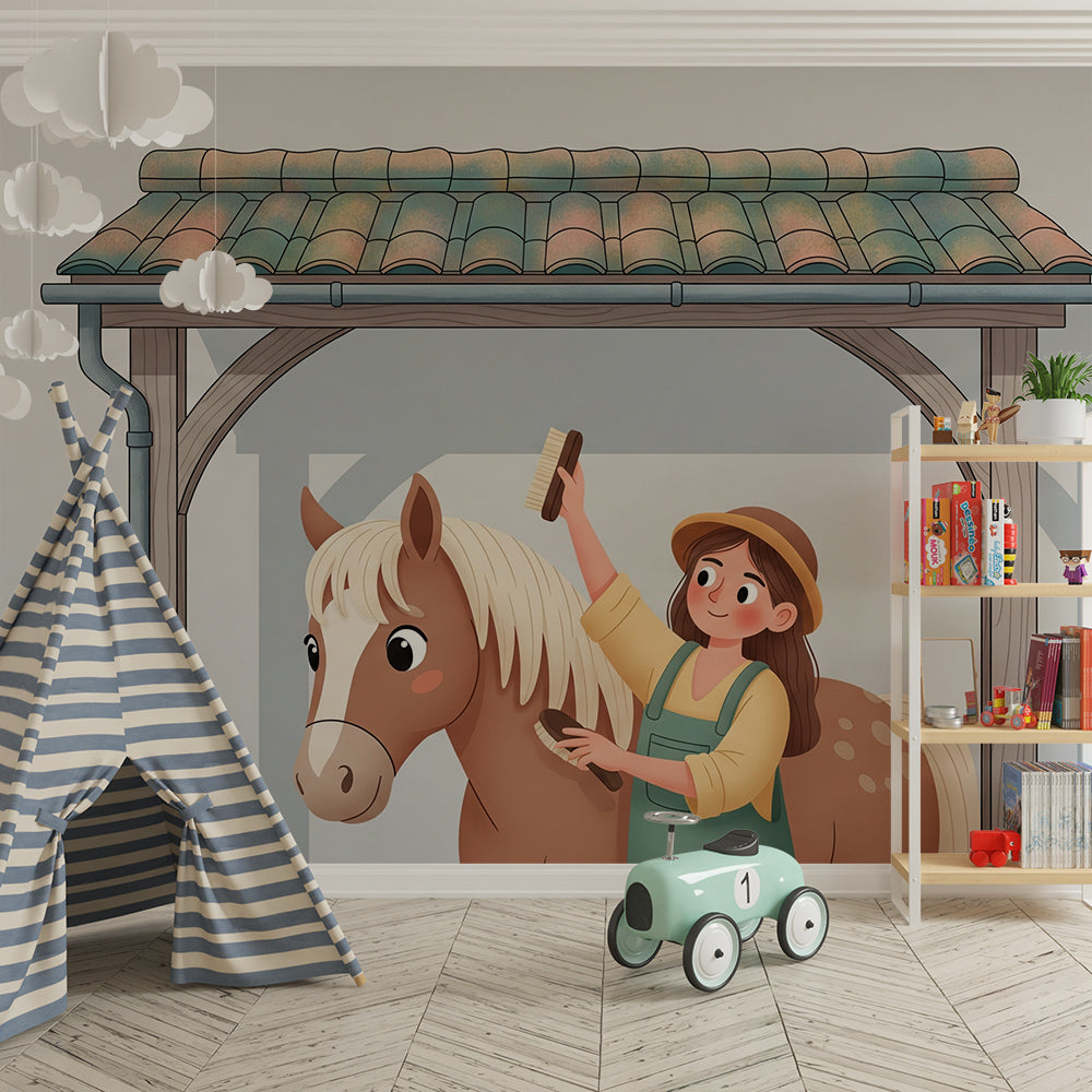 Kids-Mundo girl grooming her pony wall mural styled in a bright playroom