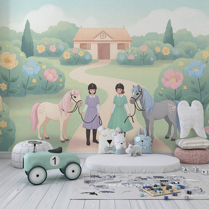 Kids-Mundo girls and ponies wall mural shown on a feature wall in a cosy girl's bedroom