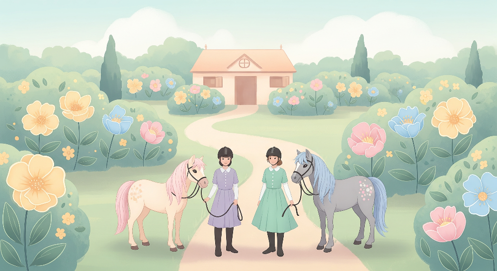 Kids-Mundo girls and ponies artwork in a blooming flower garden, a made to measure design