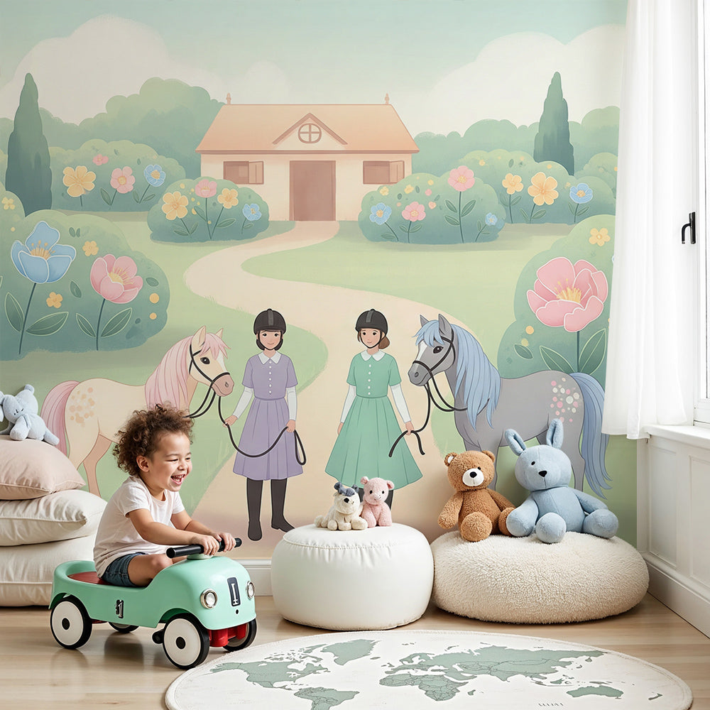Kids-Mundo pony and flower garden wall mural styled in a soft, dreamy nursery room