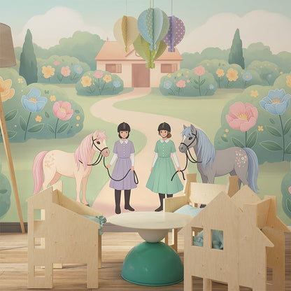 Kids-Mundo flower garden pony wall mural brightening a gentle children's playroom space
