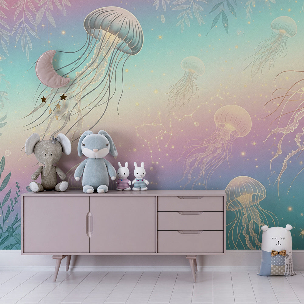 Jellyfish and starry sea wall mural by Kids-Mundo on a feature wall in a kids bedroom