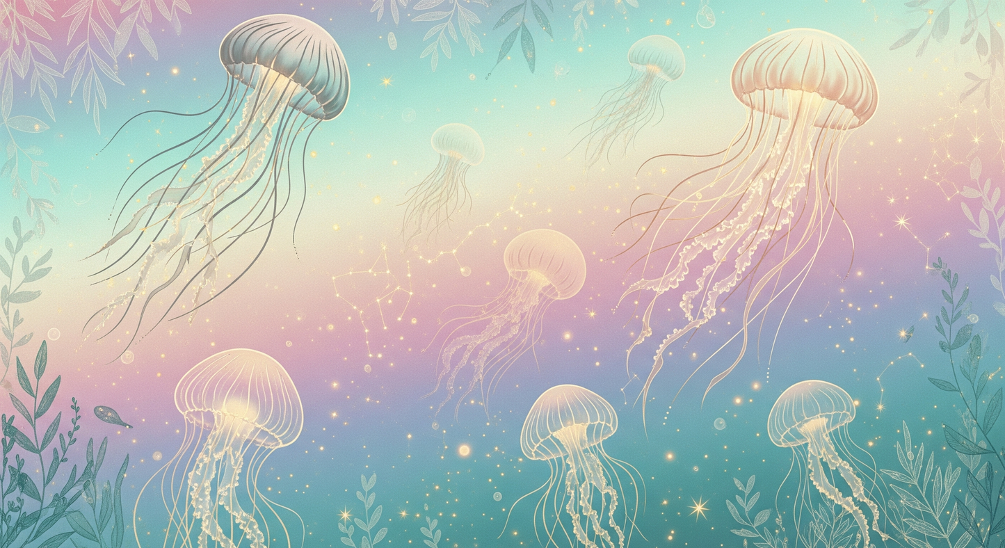 Flat artwork of the Kids-Mundo glowing jellyfish wall mural design in mint, pink and lilac