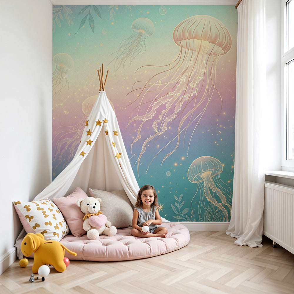 Kids-Mundo glowing jellyfish wall mural styled in a dreamy pastel nursery with a cot