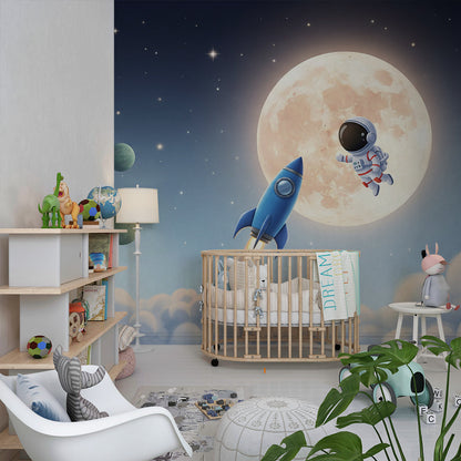 Kids-Mundo dreamy moon and rocket mural on a feature wall in a child's bedroom with a single bed.