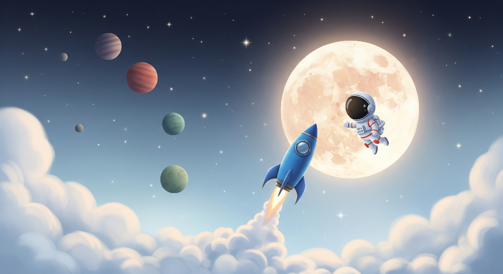 Kids-Mundo flat artwork of an astronaut floating beside a glowing moon with a rocket launching through clouds.