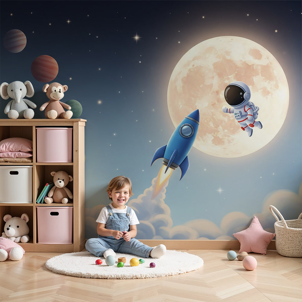 Kids-Mundo astronaut and glowing moon wall mural installed above a cot in a calm blue nursery.