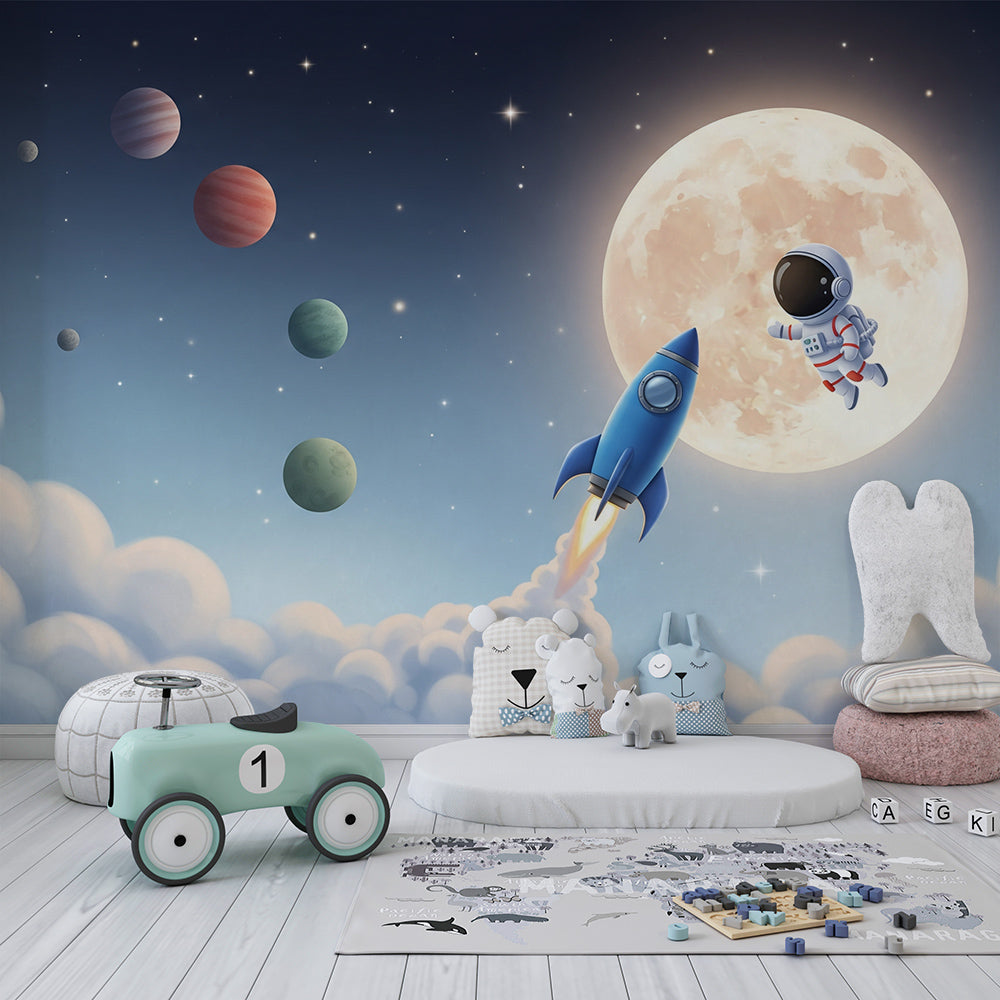 Kids-Mundo glowing moon space mural covering a playroom wall beside a reading corner.