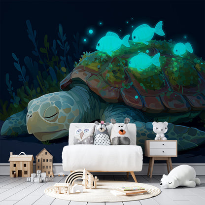 Kids-Mundo turtle wall mural covering a kids bedroom wall behind a bed at night