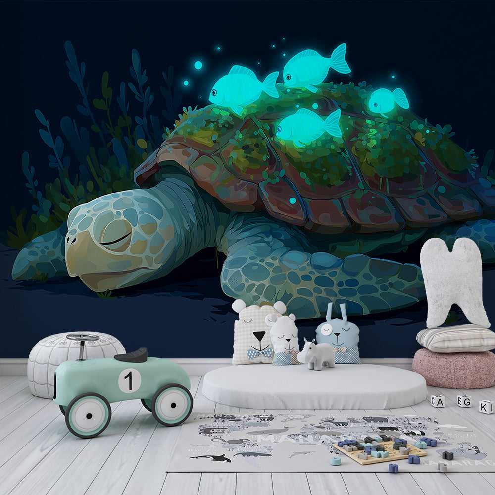 Kids-Mundo turtle wall mural glowing softly on a playroom wall with seaweed silhouettes