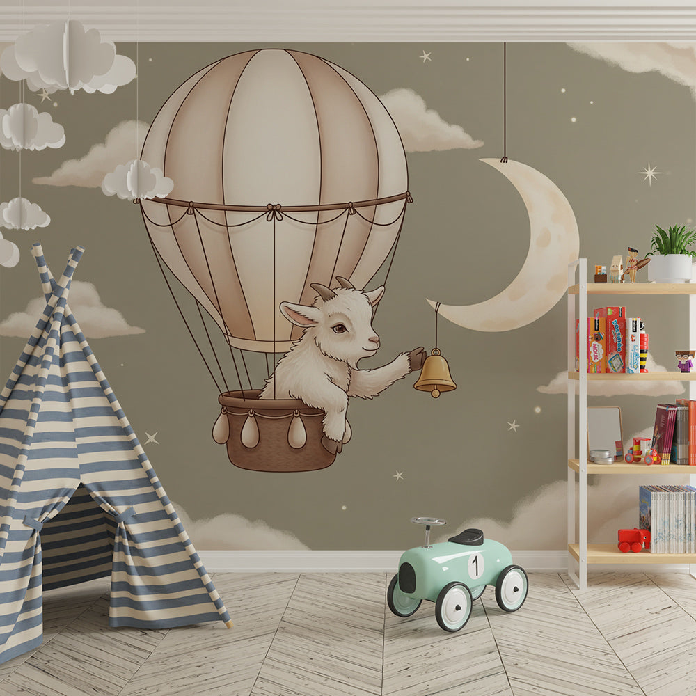 Kids-Mundo goat and moon balloon wall mural featured on a calming kids bedroom wall